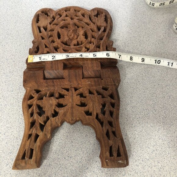 Vintage Teak Wood Book Holder Stand Hand Carved Floral Leaf Design Folding Decor - Picture 11 of 12